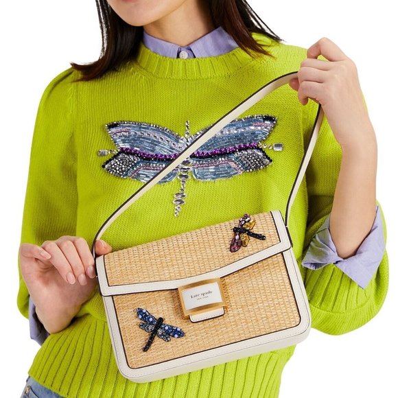 Kate Spade Katy Dragonfly Embellished Straw Medium Shoulder Bag KB279 $398 Retai